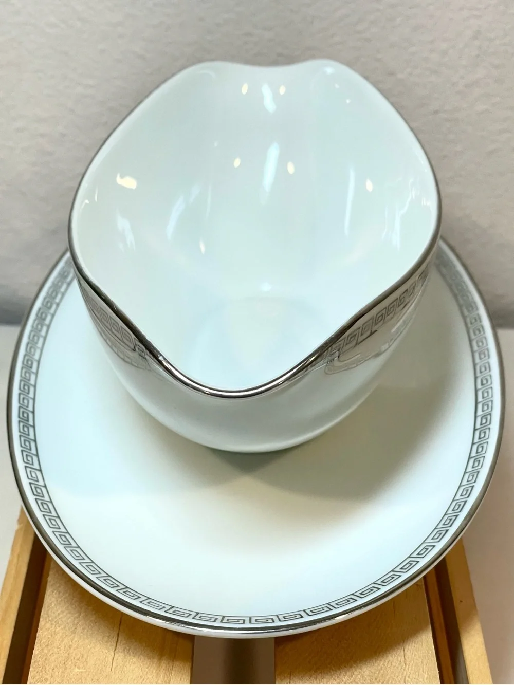 Noritake “Silver Key” White Ceramic Gravy Boat w Greek Key Border Silver Edging